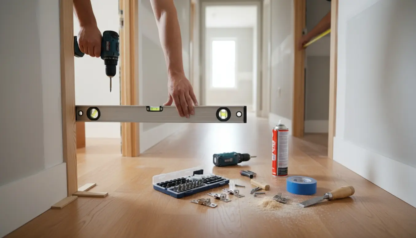 Nærbillede af hænder, der monterer to dørkarme i en lys boliggang med vaterpas, afstandskiler og boremaskine.
