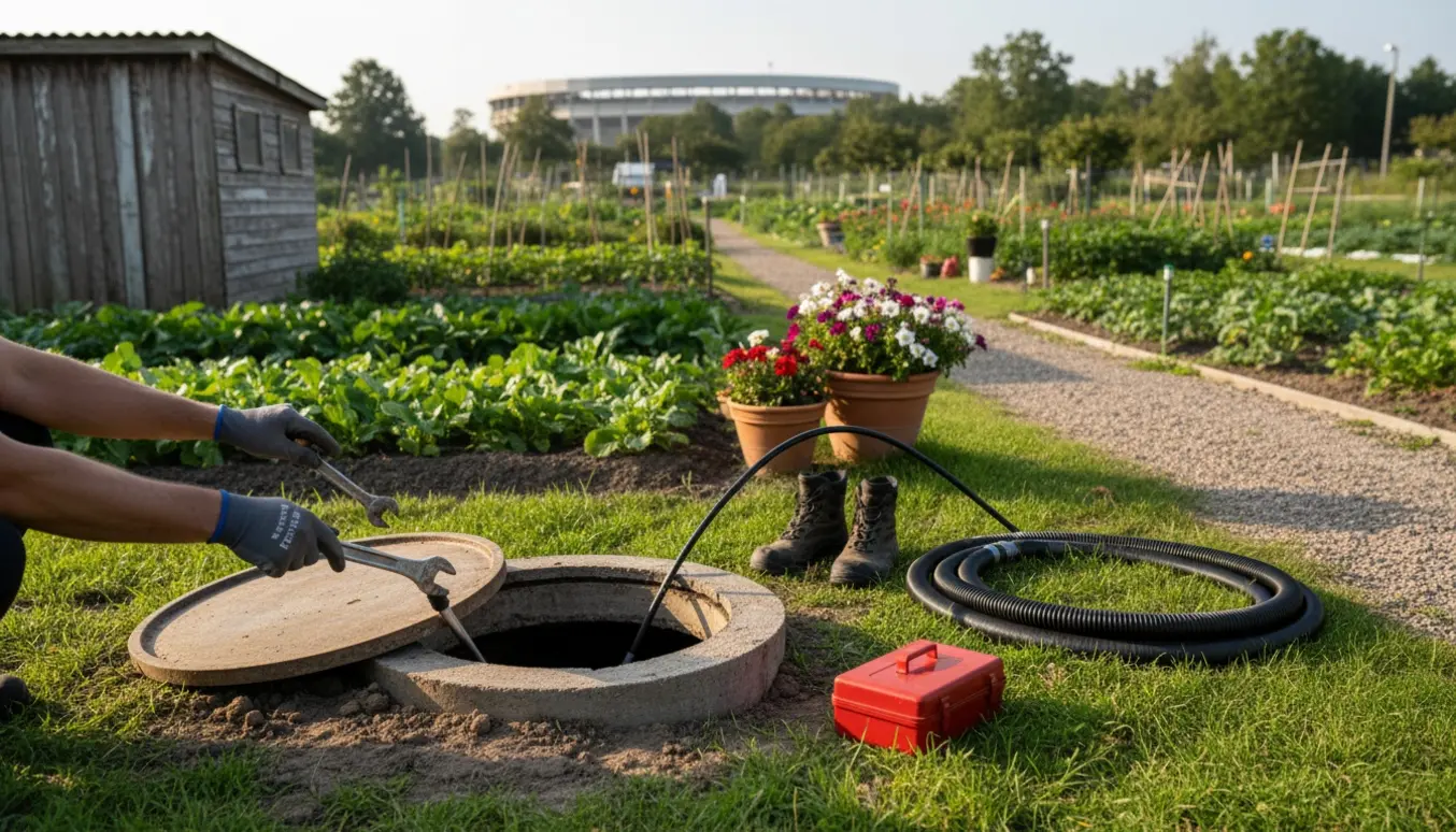Inspektionsdæksel til en samletank i en kolonihave med handsker, værktøj og stadion i baggrunden.