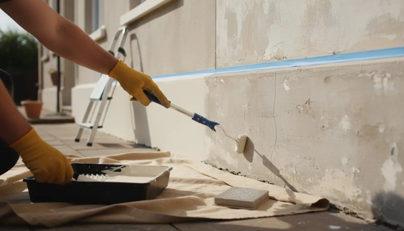 Sokkel på ældre hus males med rulle og spartel, med afdækningsstof og frisk maling.