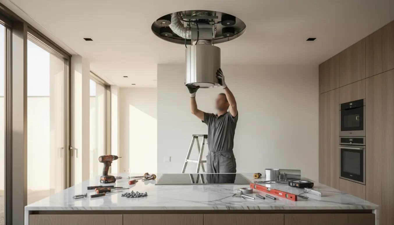 Montage af lofthængt emhætte i moderne køkken med åben loftlem og motoren placeret i loftet.