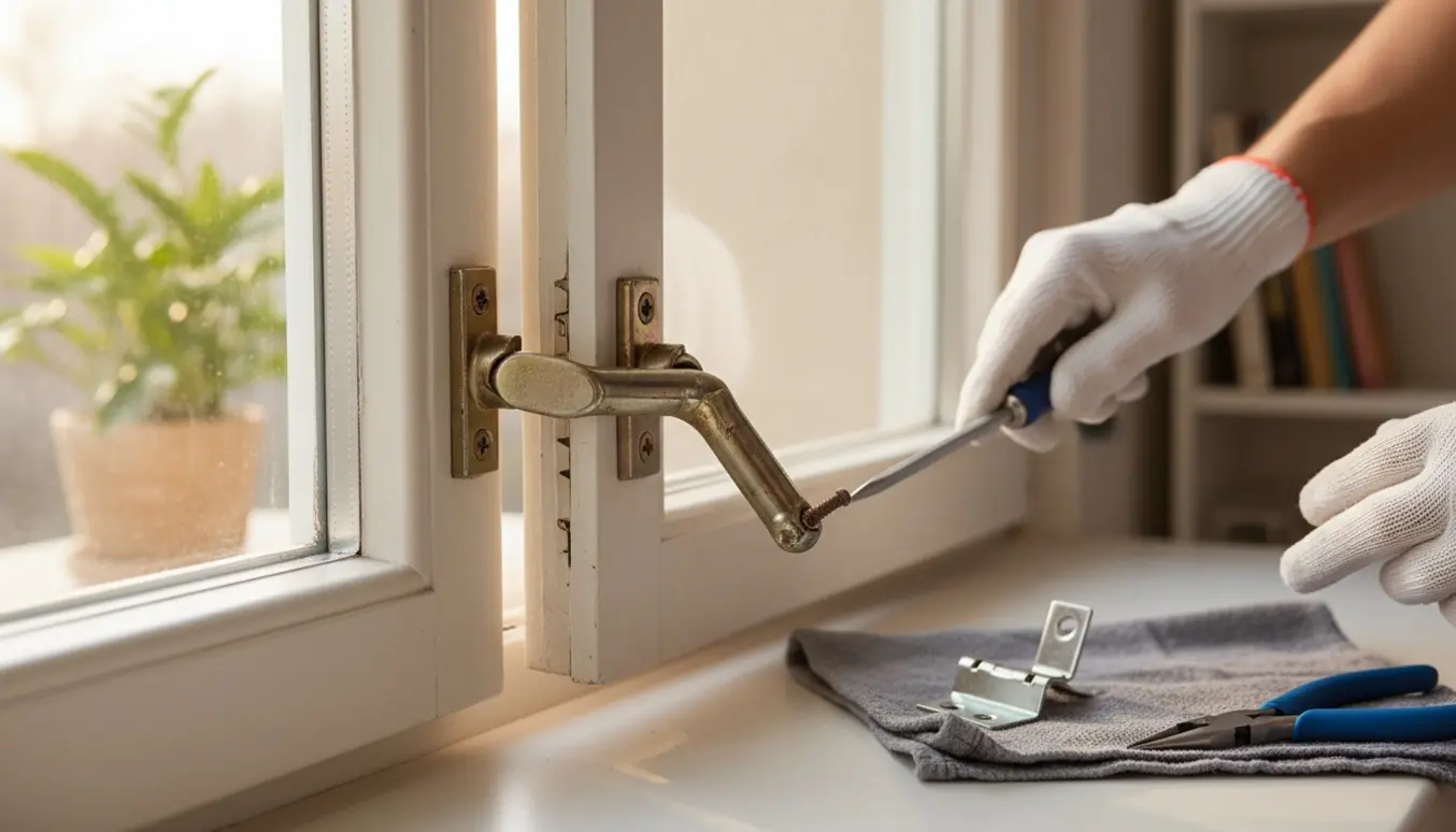 Nærbillede af hænder, der reparerer et deformt vindueshængsel med skruetrækker og reservedele.