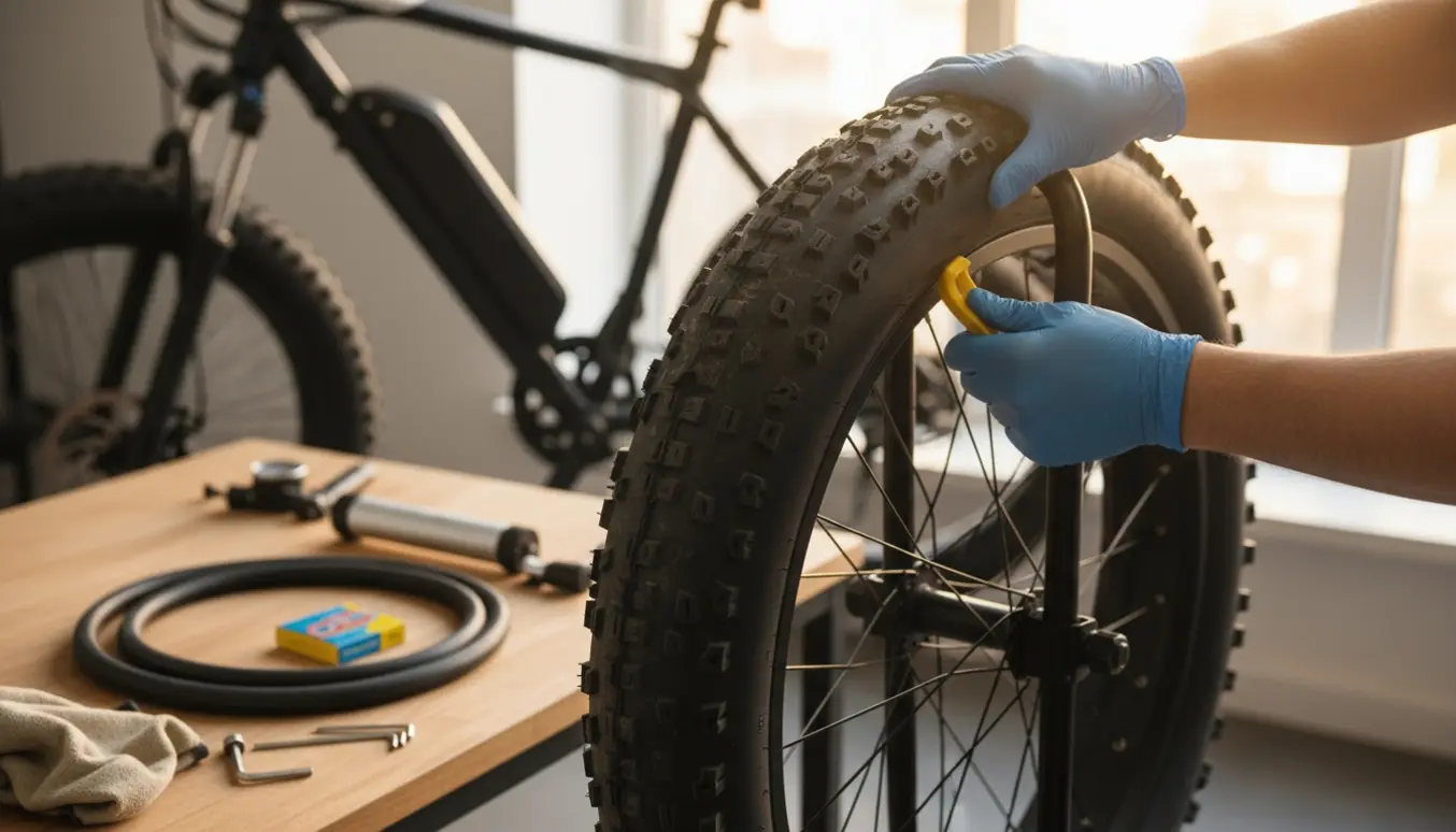 Nærbillede af udskiftning af slange på en fat-tire elcykel med handsker og dækværktøj.