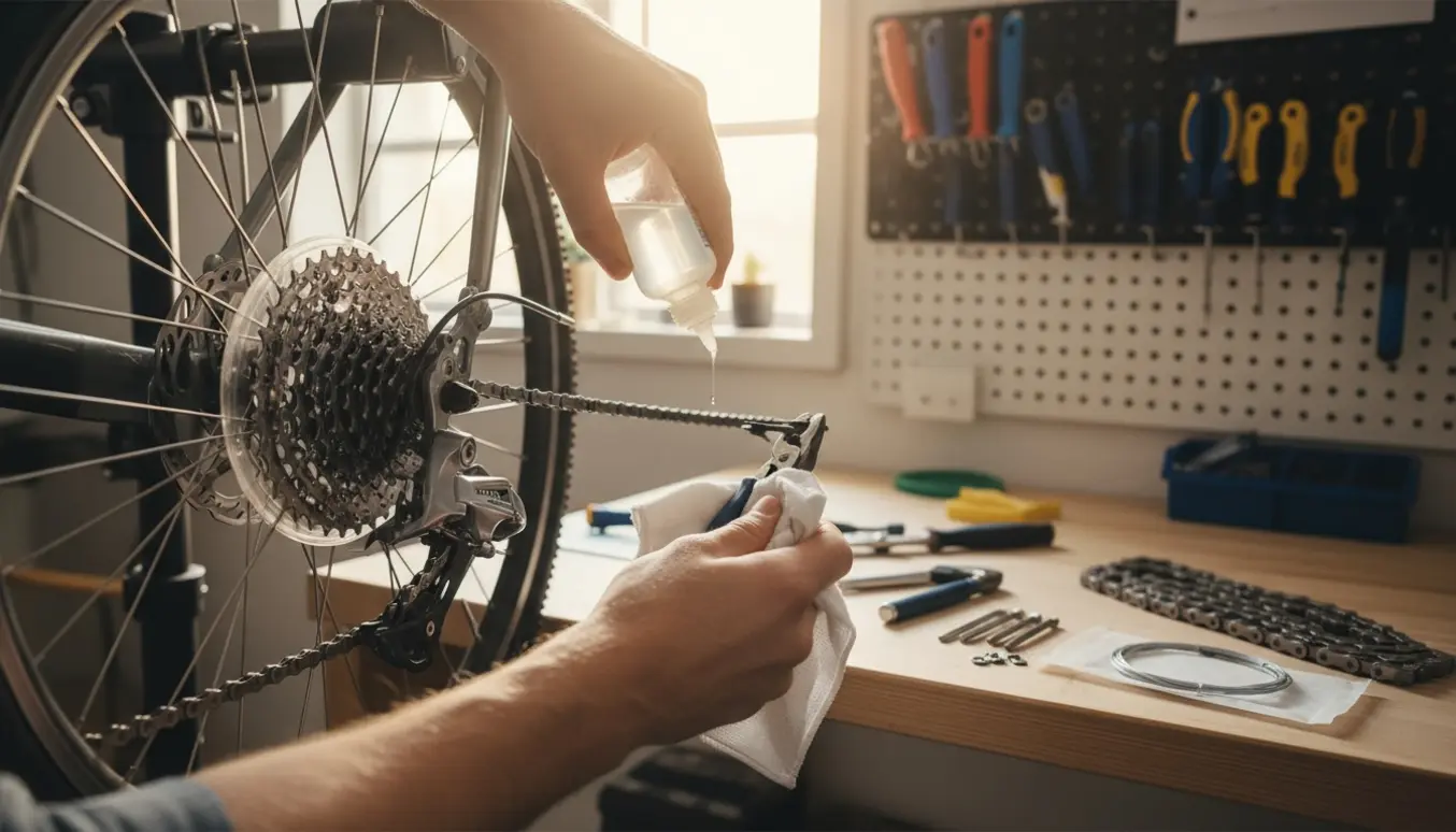 Nærbillede af en cykel på stativ, hænder der smører kæden og forbereder kæde- eller kabeludskiftning.