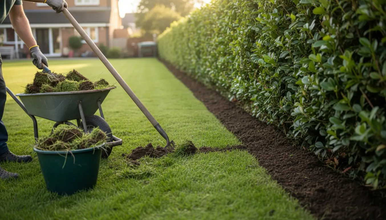 Nyafgrænset græsplæne langs en hæk med en mørk jordstribe og haveredskaber til fjernelse af græs og ukrudt.