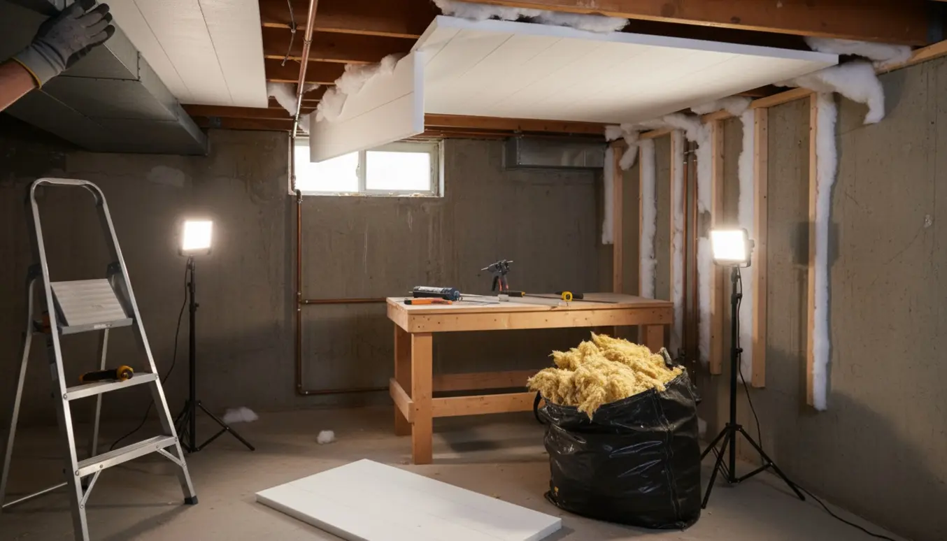 Iført handsker løfter en arbejder en 100 mm stiv skumplade op mod et kælderloft med værktøj og borttaget gammel isolering i baggrunden.