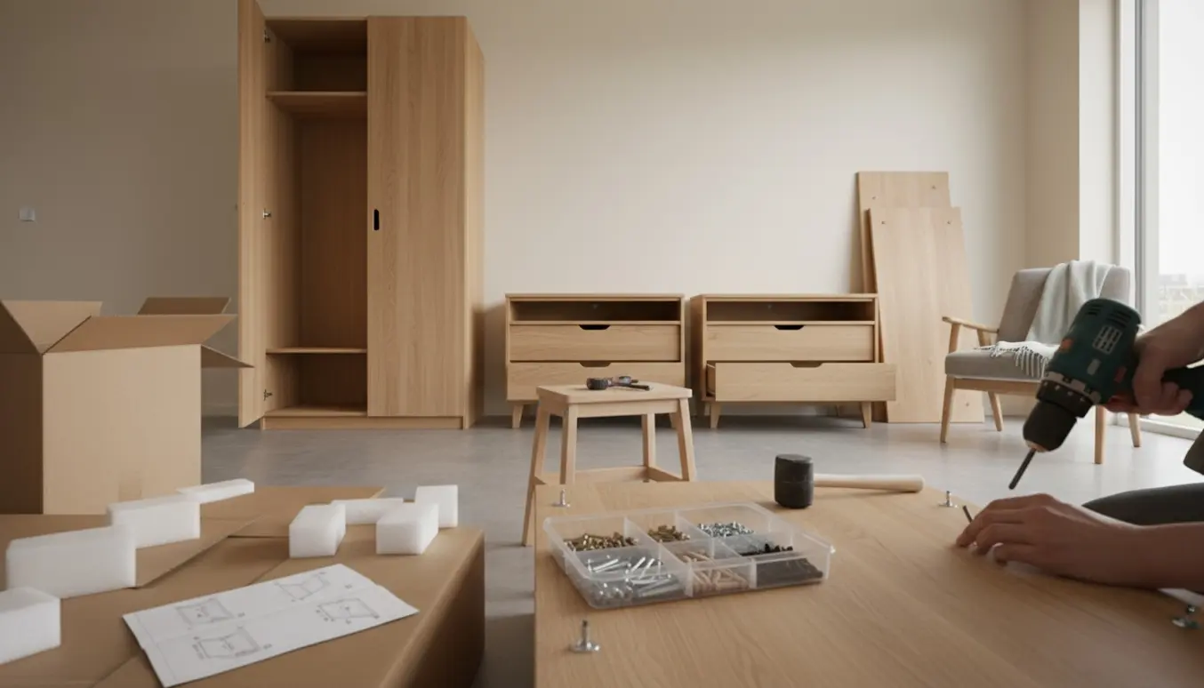 Delvist samlet ny garderobe og kommoder i et lyst værelse med værktøj og skruer spredt omkring.