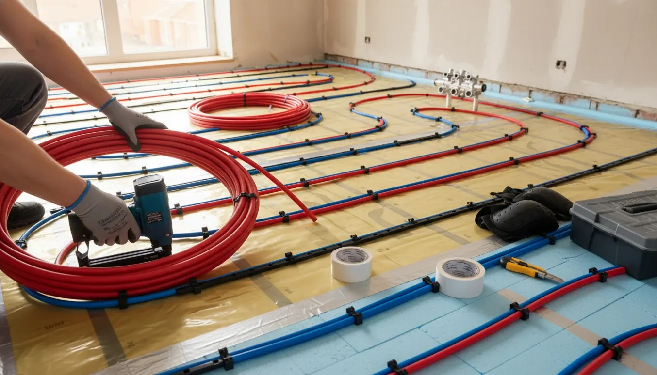 Gulvarmeslanger lagt på EPS-isolering med radonmembran i et lyst renoveringsrum.