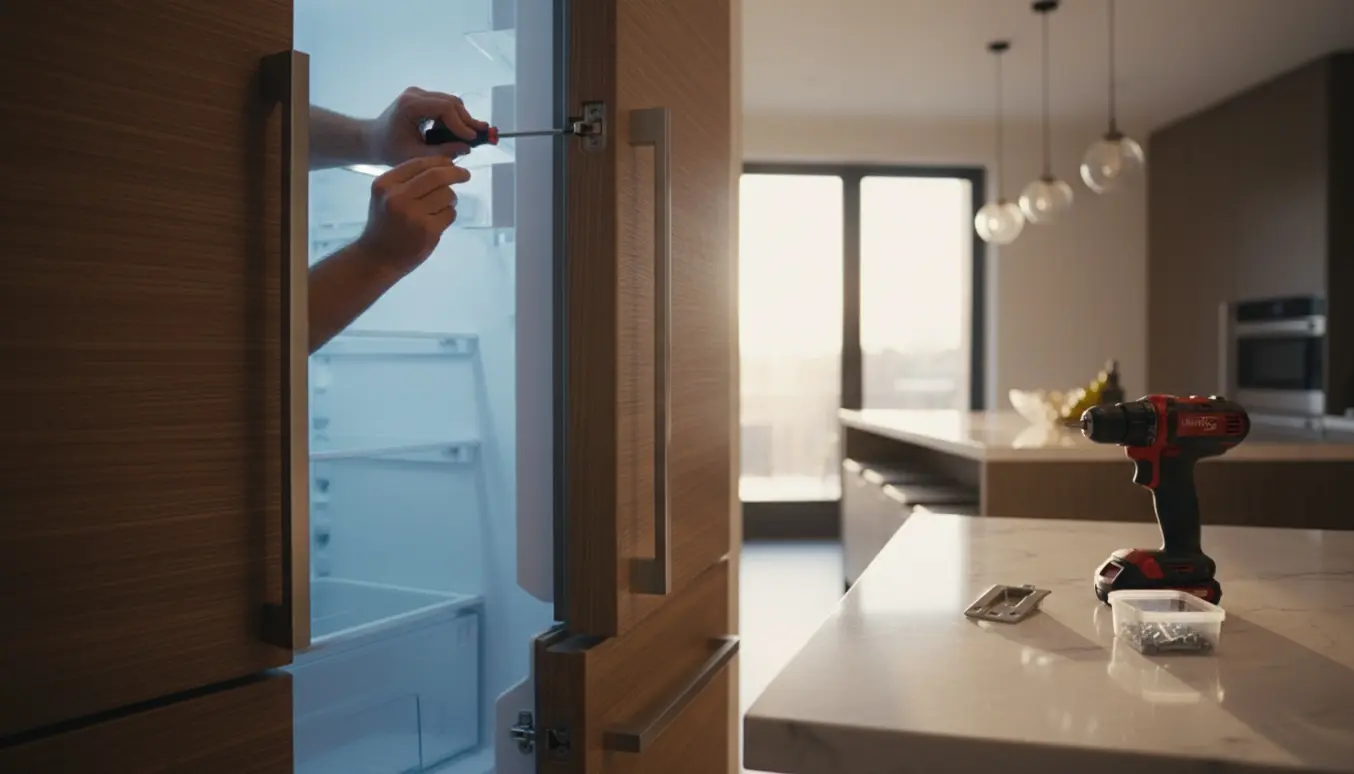 Hængsel på en indbygget køleskabslåge justeres med skruetrækker, mens døren er let åben og hænger.