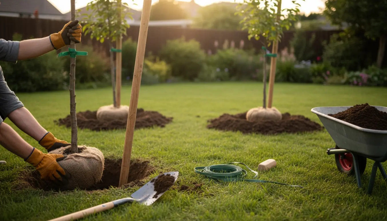 Nærbillede af tre træer ved plantning med store gravehuller, spader og understøttende stolper i en have.