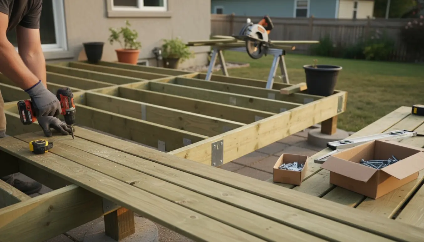 Opbygning af en trykimpræget træterrasse i baghaven med værktøj og brædder i fokus.