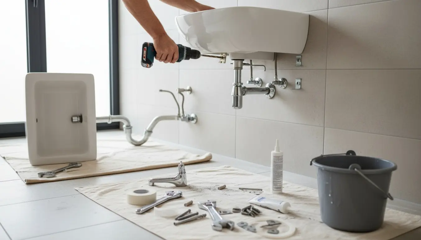 Ny vask holdes op mod flisevæg mens boremaskine, rawlplugs og værktøj ligger klar til montering.