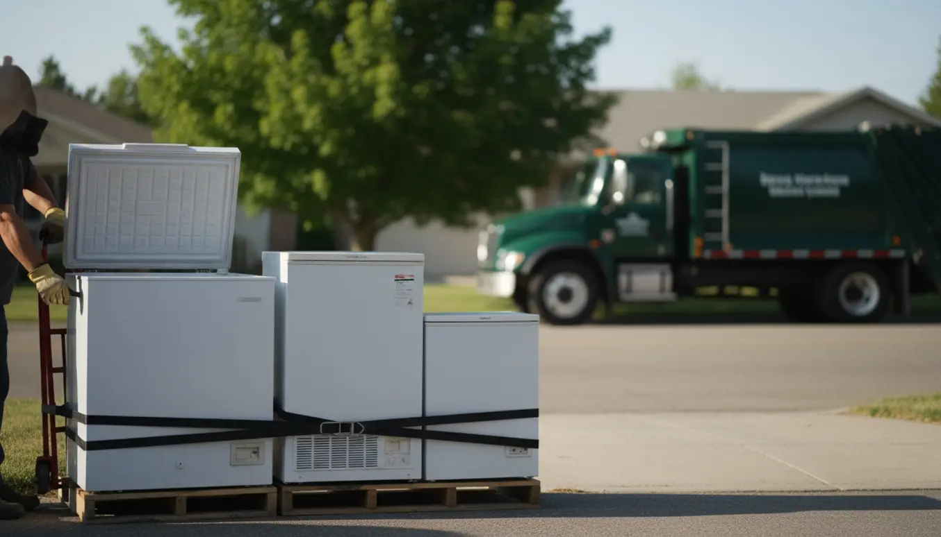 Tre frysere i forskellige størrelser ved kantstenen klar til bortskaffelse med flytteudstyr.