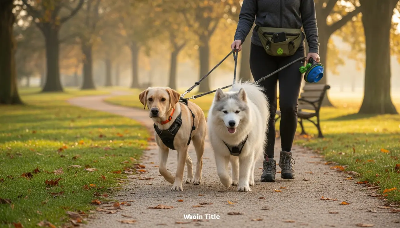 To hunde, en ung labrador og en ældre samojede-husky-blanding, går i snor langs en soloplyst parksti set bagfra.