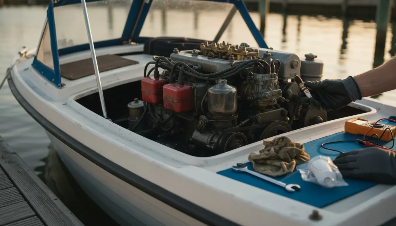 Hænder holder et olieret tændrør over en åben bådmotor i en ældre Coronet ved en træbrygge.