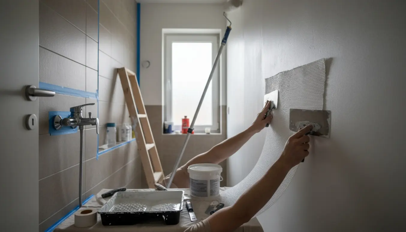 Småt badeværelse med spartling og opsætning af glasfilt klar til maling.