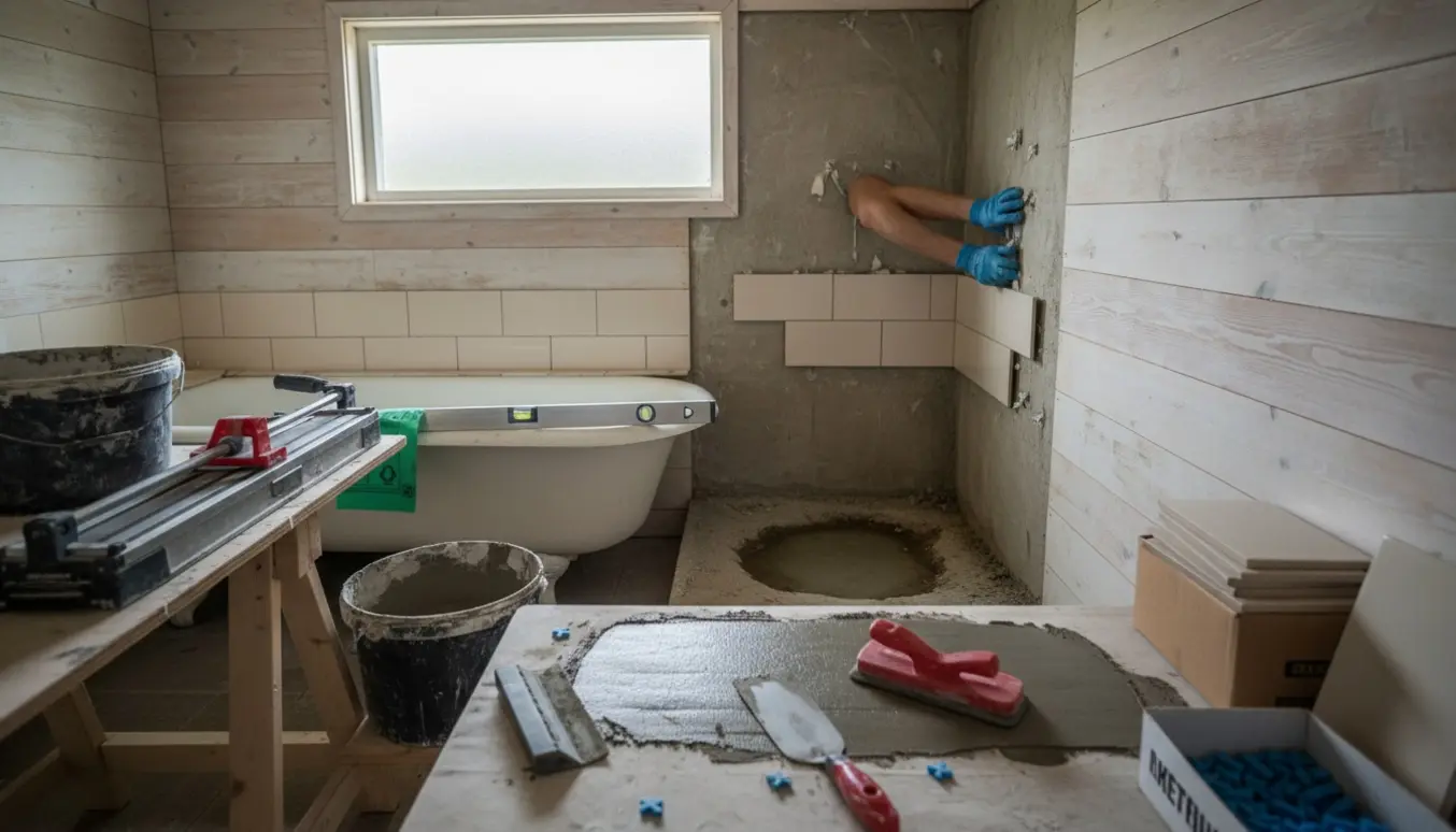 Småt sommerhusbadeværelse under renovering med værktøj, løse fliser og nye fliser klar til opsætning.