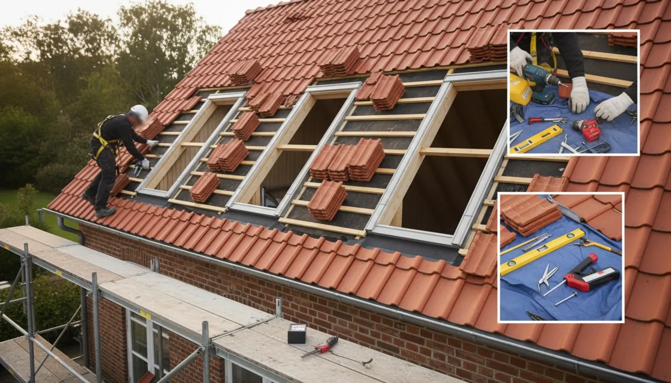 Fem tagvinduer monteres i et rødt tegltag på en dansk murmestervilla med udskårne åbninger og værktøj.