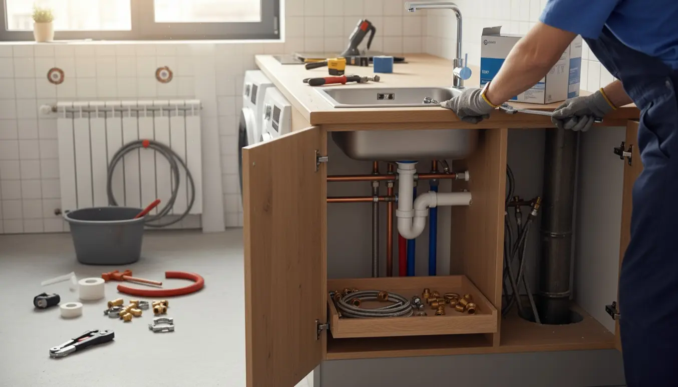 VVS-installatør arbejder under nyt køkkenvaskeskab med tilsluttede vand- og afløbsrør, radiator og hvidevarer klar til montering.