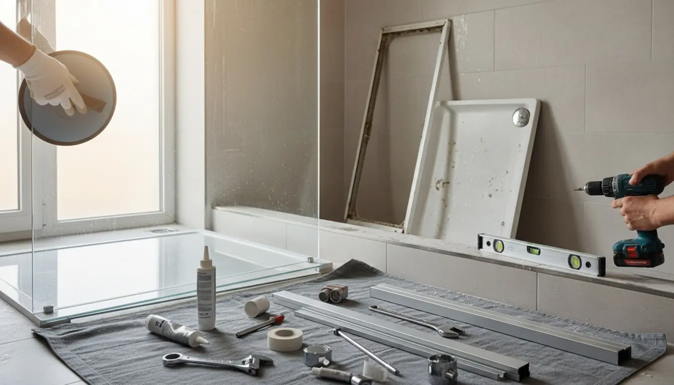 Delvist nedtaget brusekabine med værktøj og nye glaspaneler klar til montering i et lyst badeværelse.