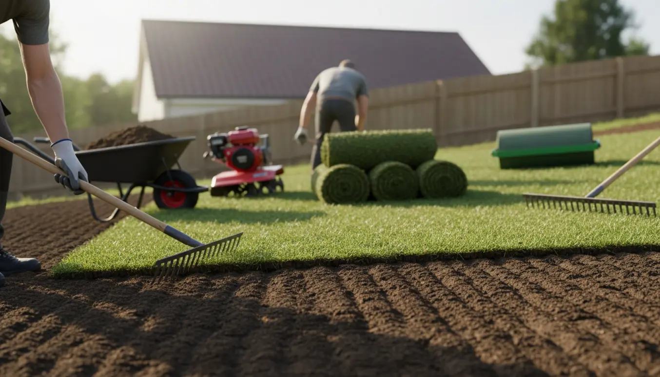 Skrånende have med nyligt fræset muld og rullegræs, arbejdere set bagfra ruller græs ud og udjævner jorden.