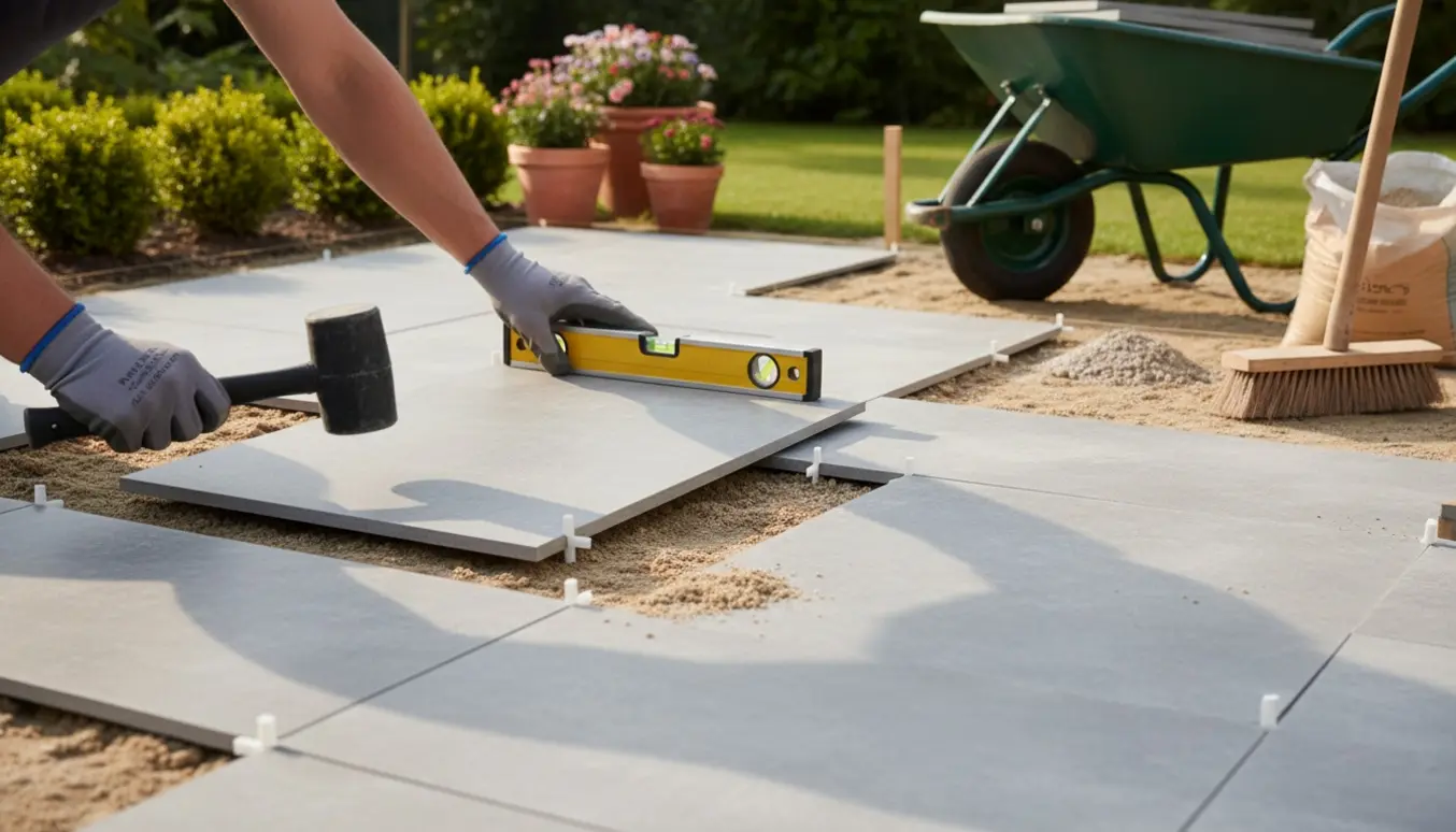 Hænder lægger grå havefliser på et kompakt sandlag i en lille baghave med værktøj og planter.