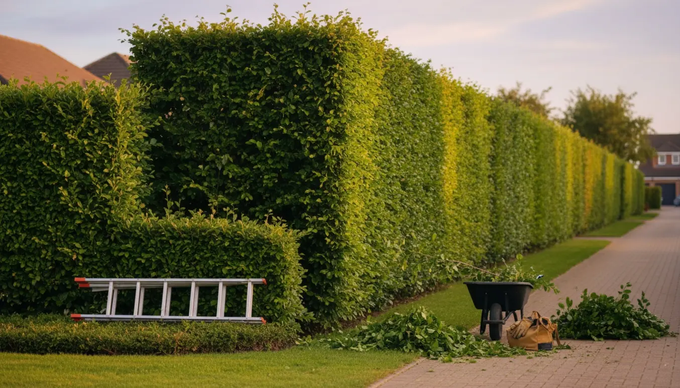 Person klipper en høj bøgehæk langs en indkørsel med hækkeklipper, friske afklip ligger i en bunke.