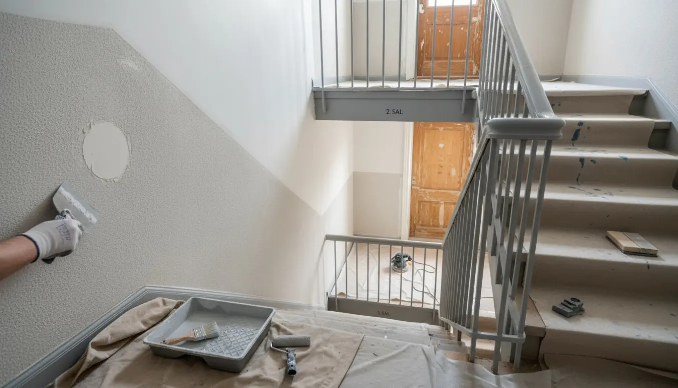 Trappeopgang under renovering med spartel, malerrulle, halvslebet indgangsdør og delvist malet rækværk.