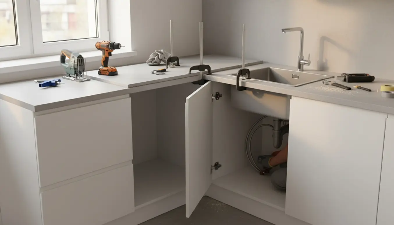 L-formet IKEA-køkken under montering med laminatbordplade, samlinger spændt sammen og monteret vask og integrerede hvidevarer.