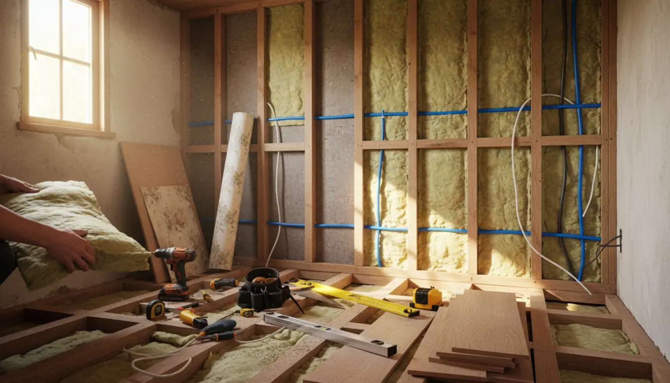 Indvendigt kolonihavehus under renovering med blottede vægstolper, isolering, elektriske kabler og nye gulvplanker klar til montering.