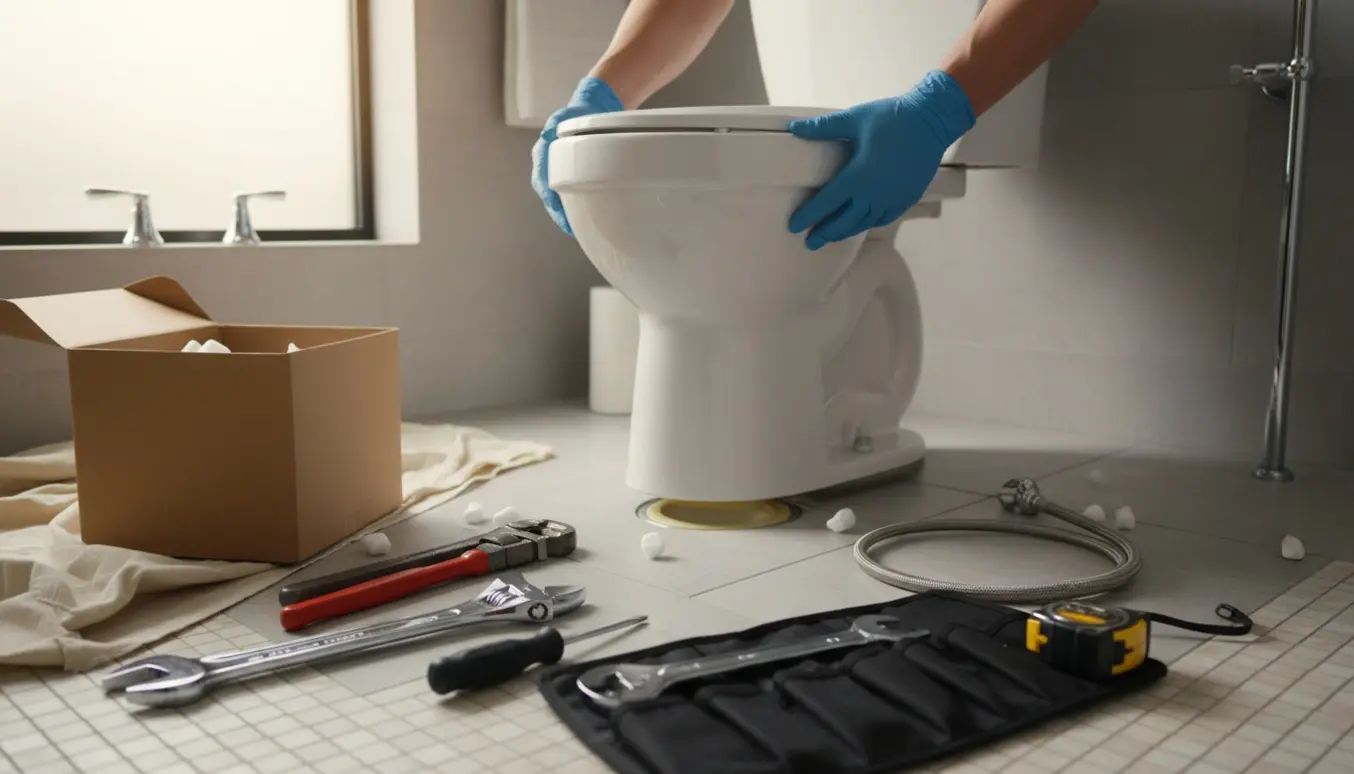 Håndværker sætter et nyt porcelentoilet på plads i badeværelset med værktøj omkring sig.