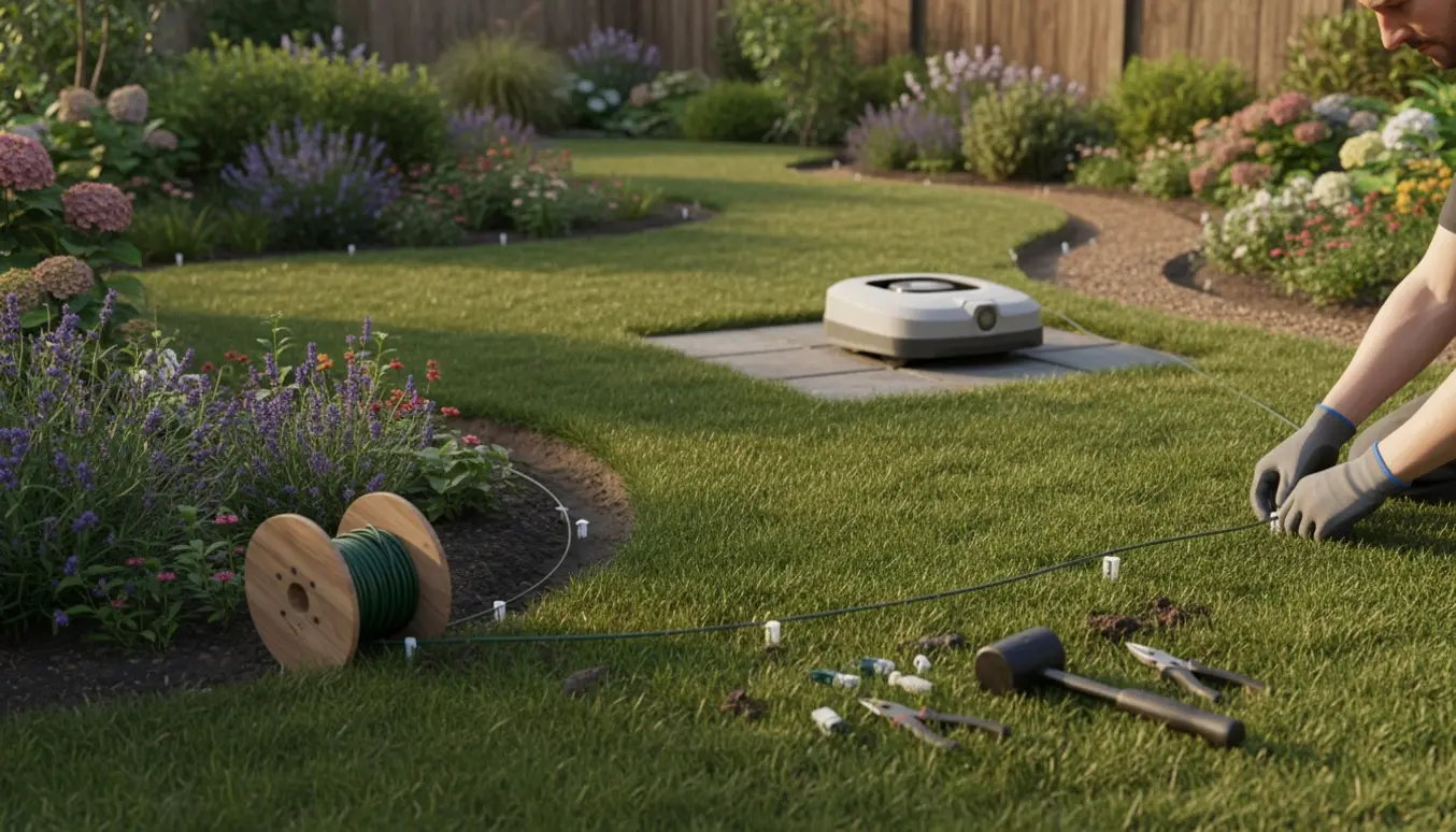 Installering af robotplæneklipper i en snoet have under 500 m² med ladestation, afgrænsningskabel og værktøj.
