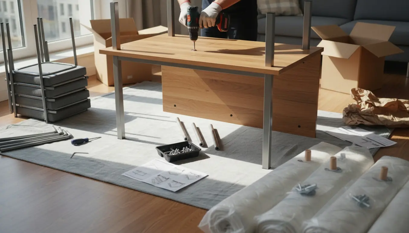 Hænder samler et spisebord og møbler i en lys stue med værktøj og emballage.