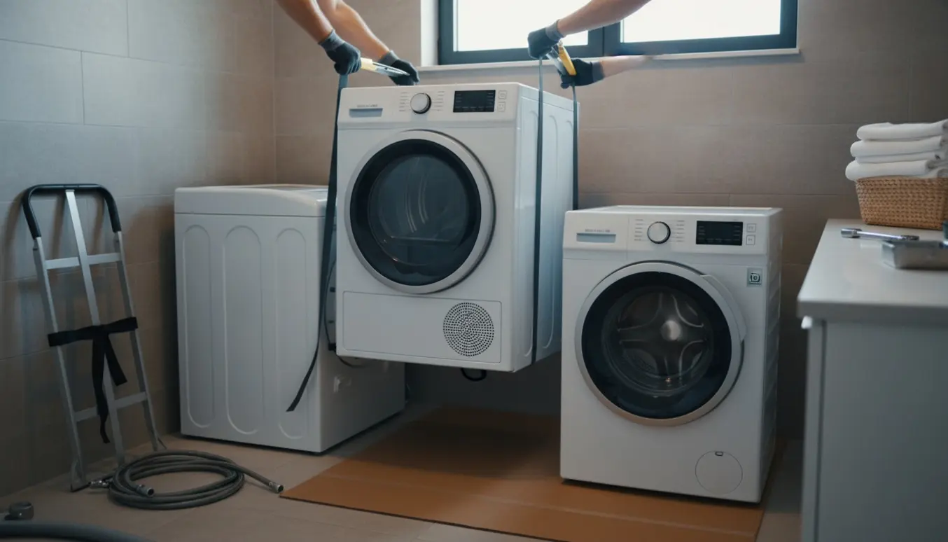 To personer løfter en tørretumbler ned fra en gammel vaskemaskine for at placere den ovenpå en ny i et lyst bryggers.