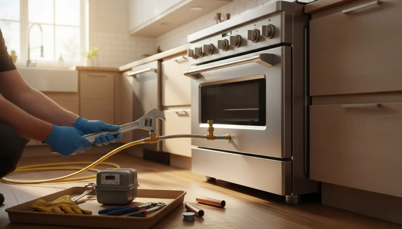 Håndværkerens hænder, iført handsker, afmonterer komfurets gasforbindelse og løfter en standard gasmåler i et køkken.