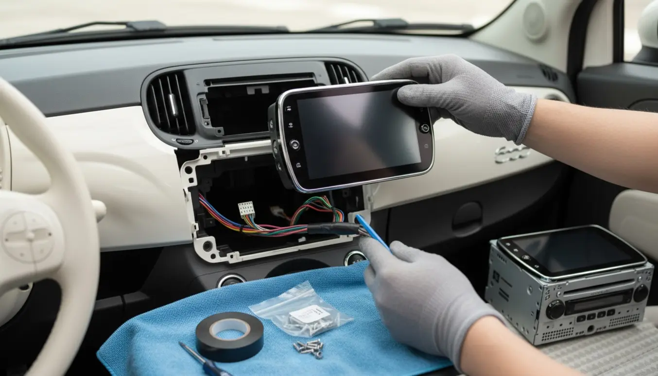 Hænder installerer en ny Apple CarPlay-enhed i instrumentbrættet på en Fiat 500c.