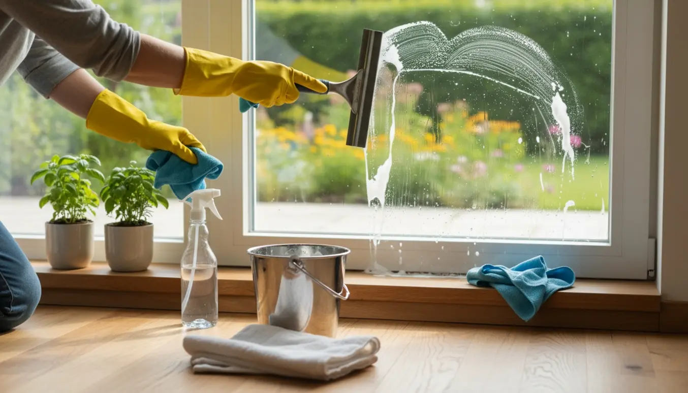 Hænder i gummihandsker pudser et solbelyst vindue med en sprayflaske, vinduesskraber og mikrofiberklud.