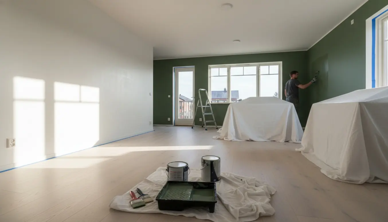 Delvist malet stue- og køkkenalrum med afdækning, malergrej og en hvid væg samt en grøn accentvæg under arbejde.