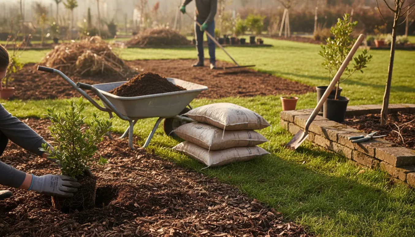 Nærbillede af plantning og topdressing i en lille have under total makeover, med hands-on værktøj og nye planter.