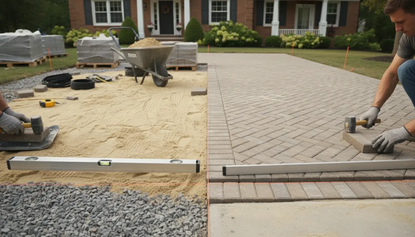 Halvfærdig indkørsel med nye fliser, værktøj og underbund foran et hus.