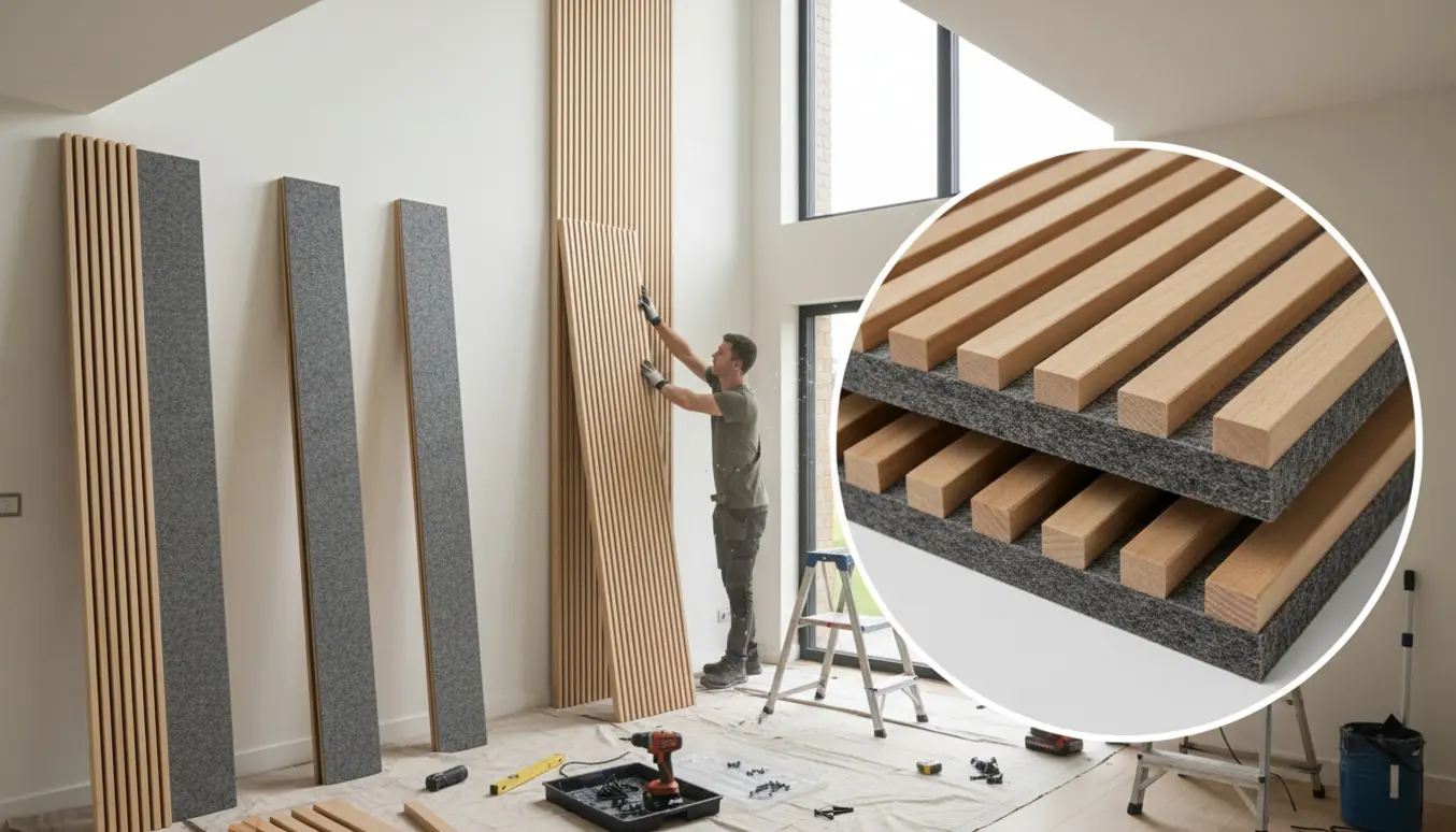 Installation af slankt akustikpanel i en trappeopgang med paneler, sorte skruer og værktøj på et beskyttelsesdug.