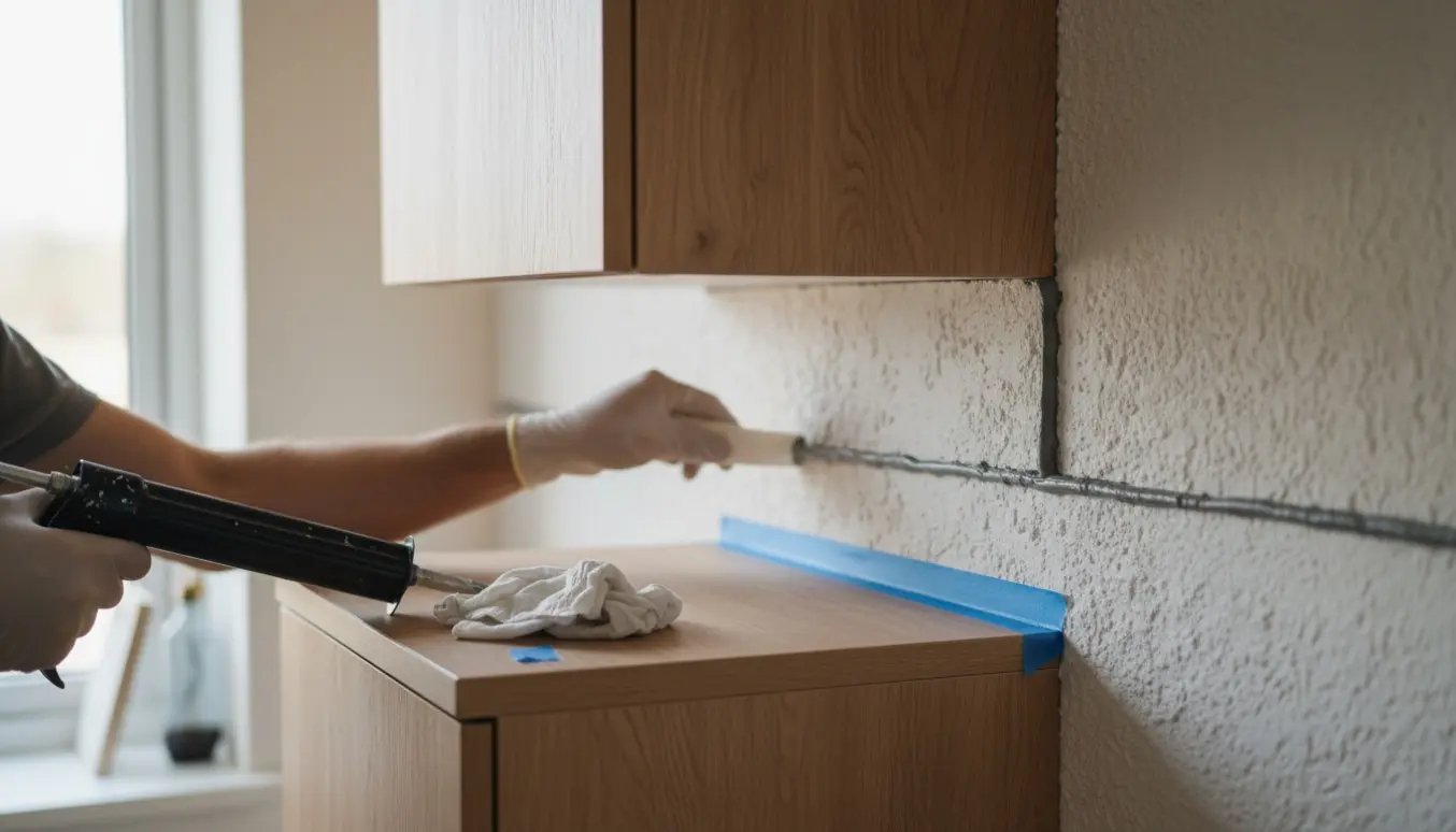 Nærbillede af hænder, der fuge en pæn kant mellem rustik væg og køkkenskabe med fugepistol og glatteværktøj.