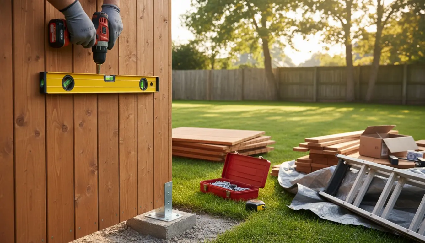 Nærbillede af montering af et træskur i en have med skruemaskine, værktøj og stolper i beton.