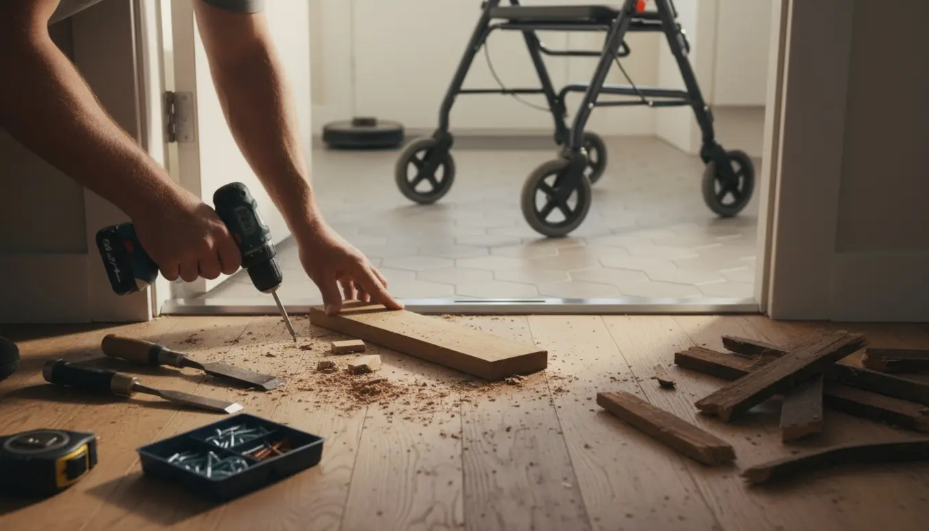 Nærbillede af udskiftning af højt dørtrin til lavt bundstykke, så rollator og robotstøvsuger kan passere.