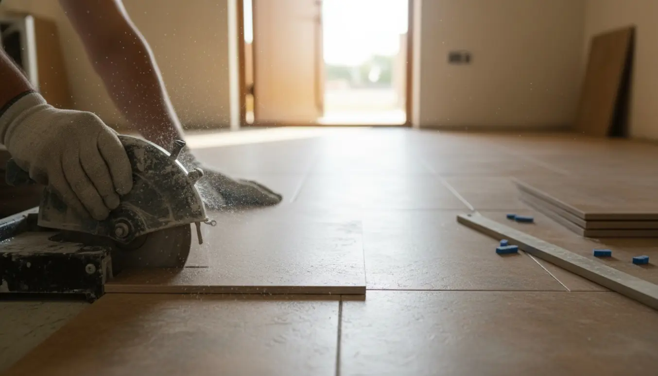 Hænder i handsker fører en flise gennem en våd kappsav for at skære den sidste række fliser.