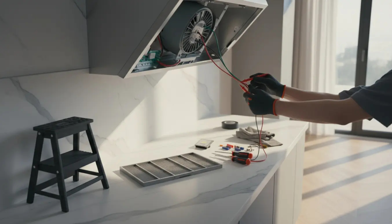 Nærbillede af en emhætte med fjernet filter og handsker der tester ledninger med multimeter på køkkenbordet.