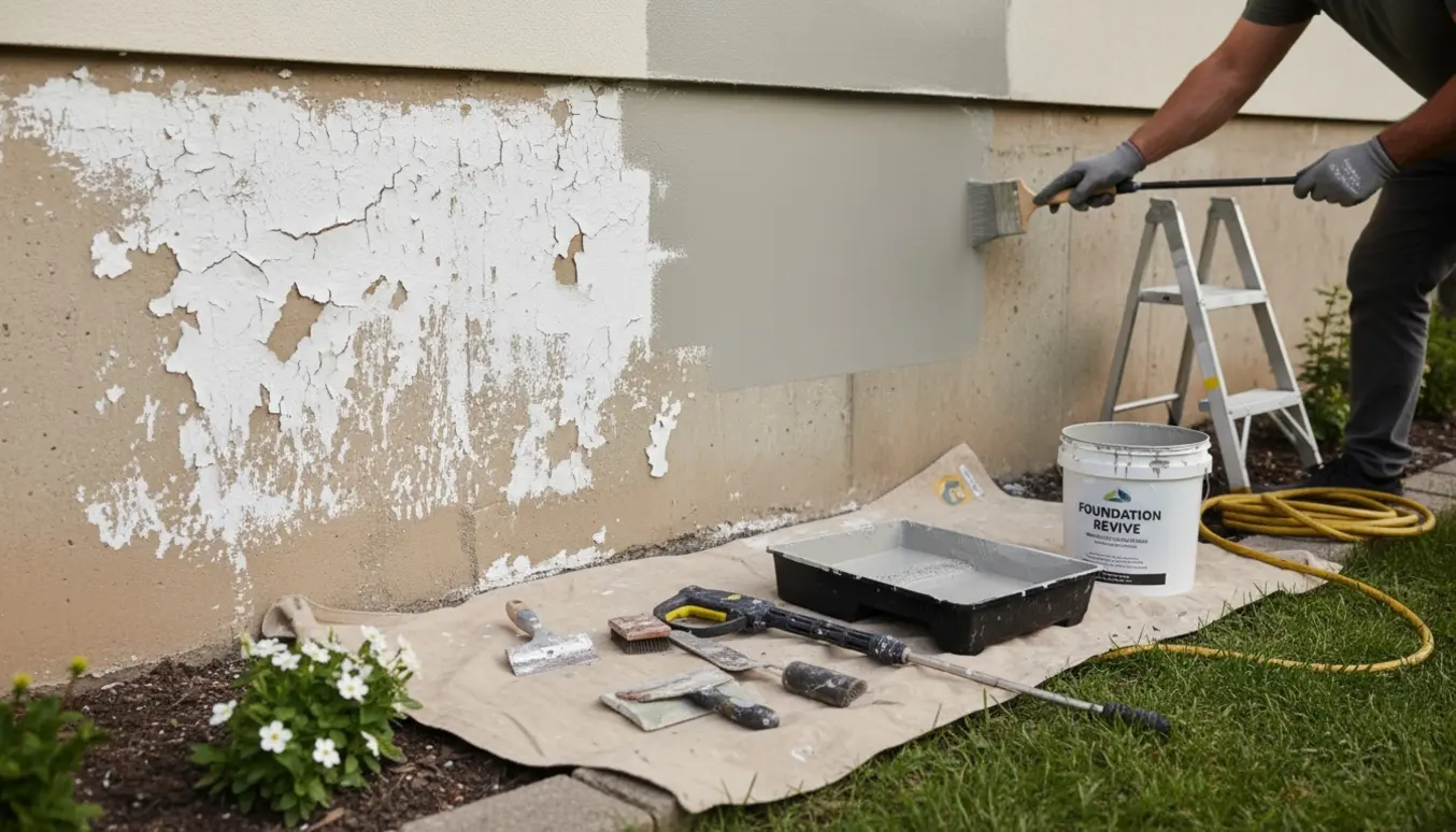 En maler fjerner gammel plastmaling og maler husets sokkel, med værktøj og nymalet flade i blødt dagslys.