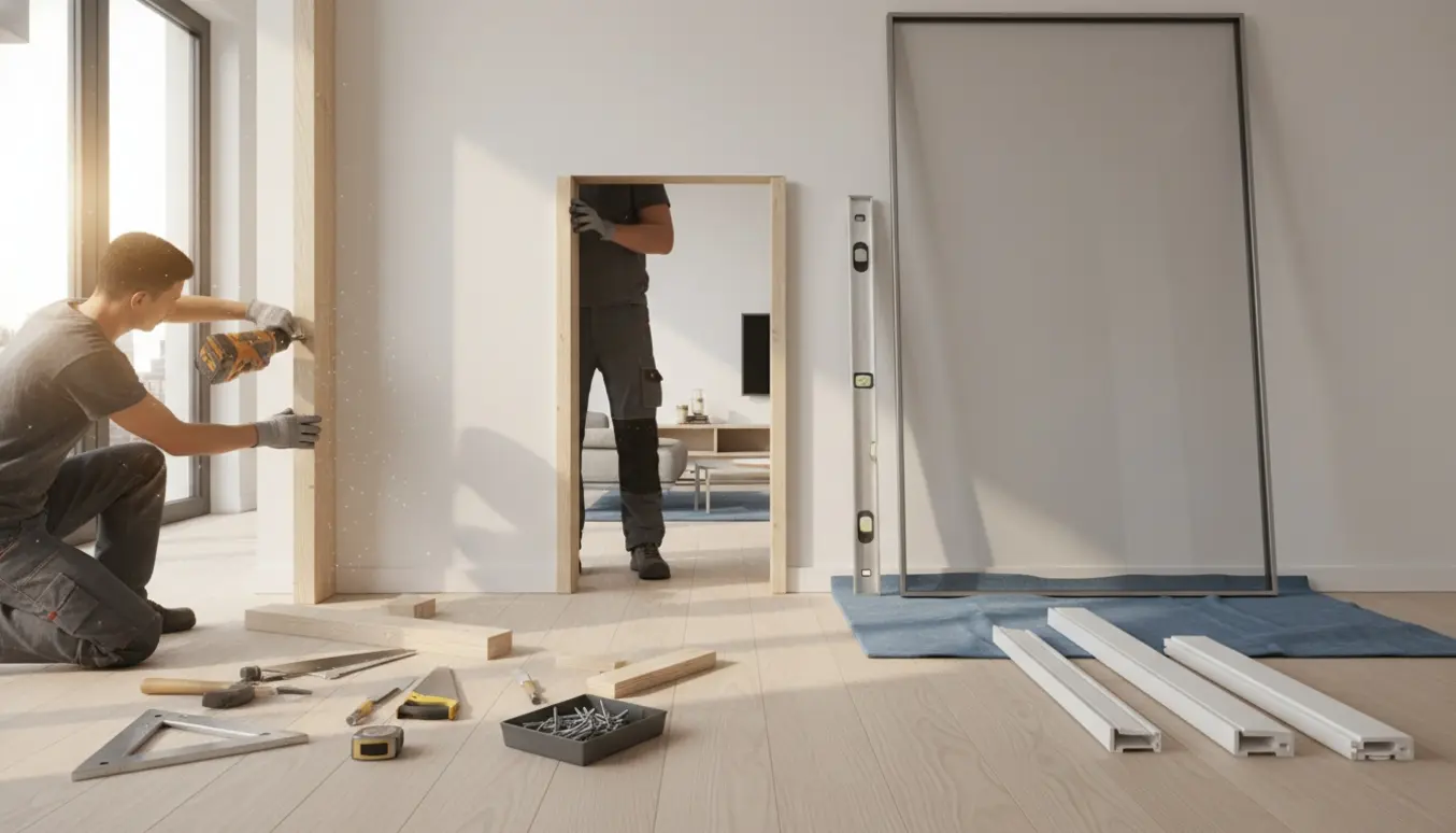 Tømrer monterer 20 cm vægforhøjning og karm til en glasdør i en lys lejlighed med værktøj og lister klar.
