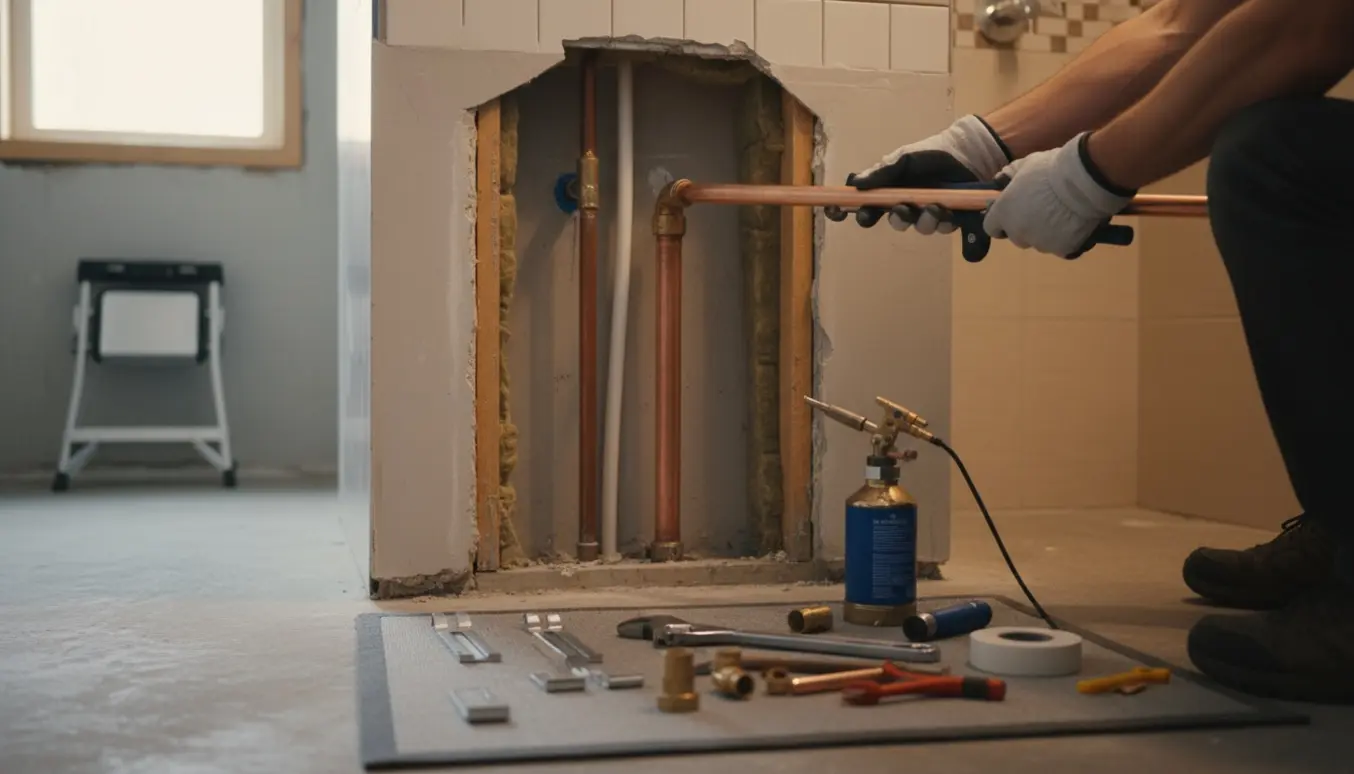 Synlige kobber- og PEX-rør forlænges gennem en væg mod en førstesalsbruser med værktøj og fittings i fokus.