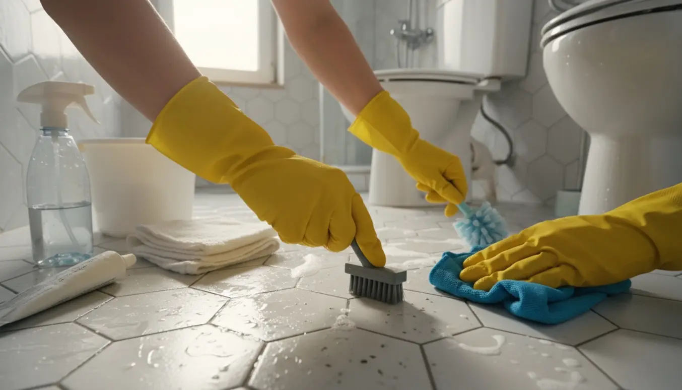 Hænder i gummihandsker fjerner kalk og skrubber fuger i et lille flisebadeværelse med rengøringsmidler og spand.