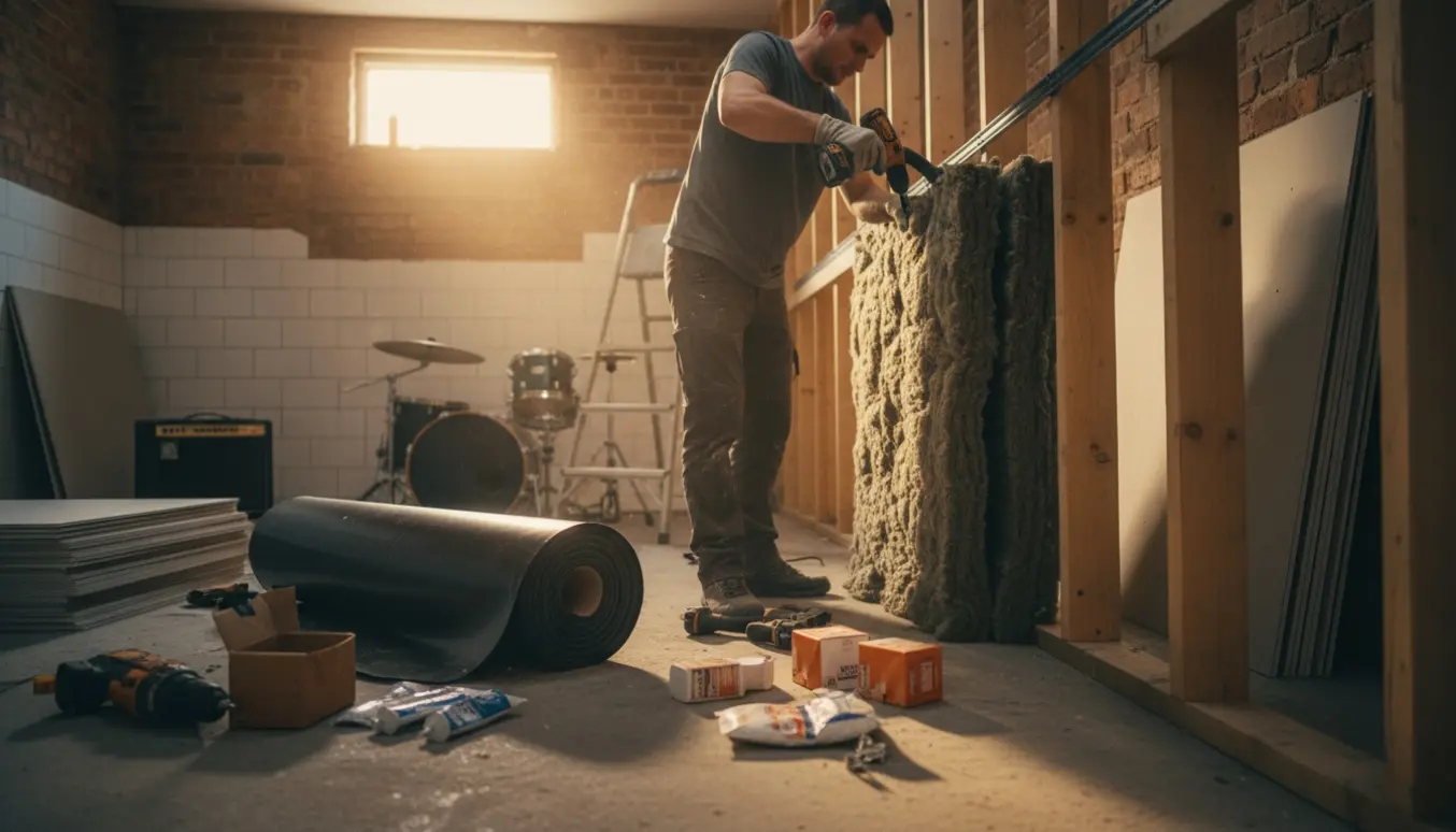 Stueetage rum under lydisolering med isoleringsmaterialer og hænder, der monterer resilientkanaler foran et trommesæt i baggrunden.
